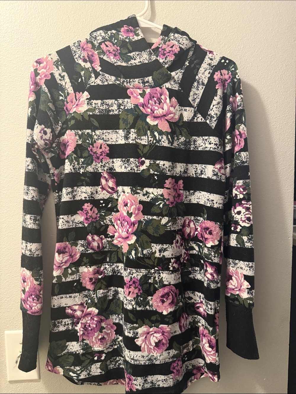 LuLaRoe Black & White Striped Floral Turtleneck - Pink Roses